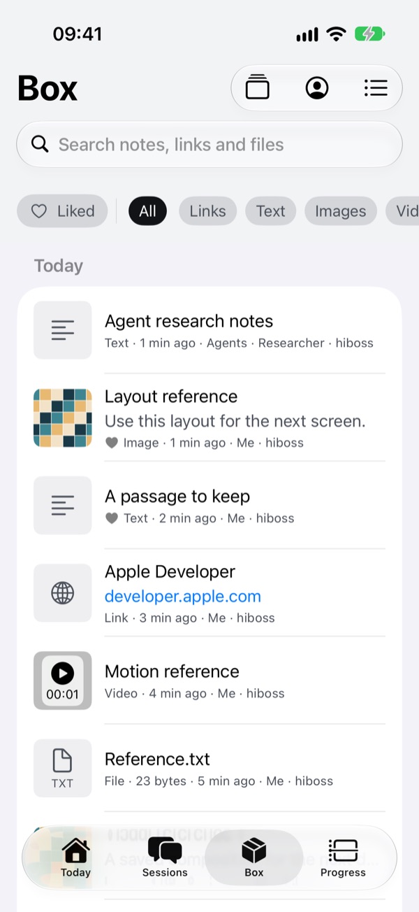 The Box list: notes, an image, a link, a video and a text file, each with kind, age and author.