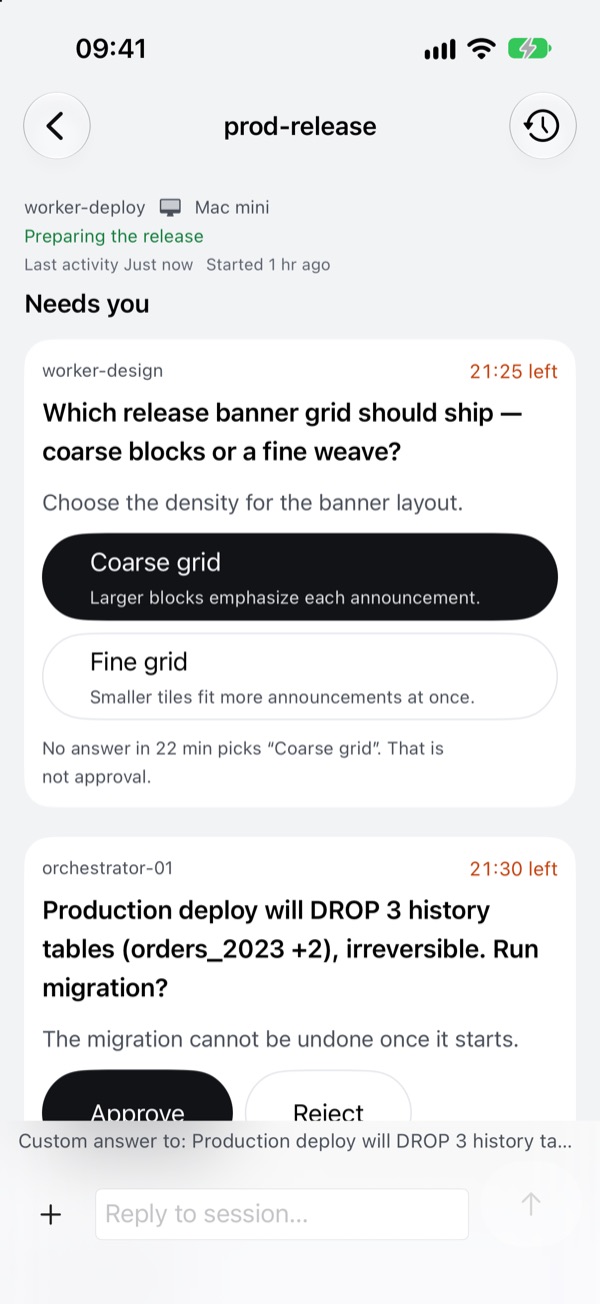A session transcript for prod-release: the agent's pending questions with answer buttons and a reply field.